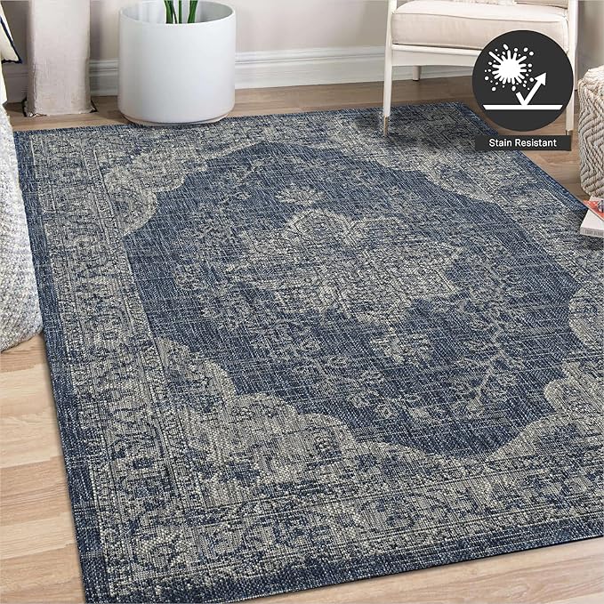 FH Home Outdoor Rug - Waterproof Easy to Clean Stain Resistant - Patio Indoor Outdoor Porch Deck Balcony Entryway - Vintage Distressed - Gorgan - Blue - 4ft x 5ft 7in