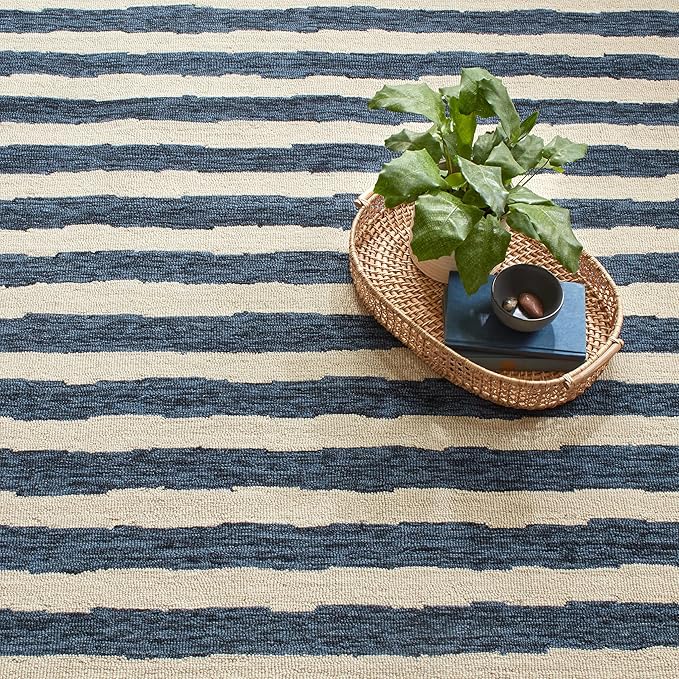 Dash & Albert Silas Stripe Navy Hand Micro Hooked Wool Rug, 3 X 5 Feet, Blue Stripe Pattern - Premium Luxury Hotel Quality Soft Breathable Hypoallergenic Machine Washable Easy Care All Season