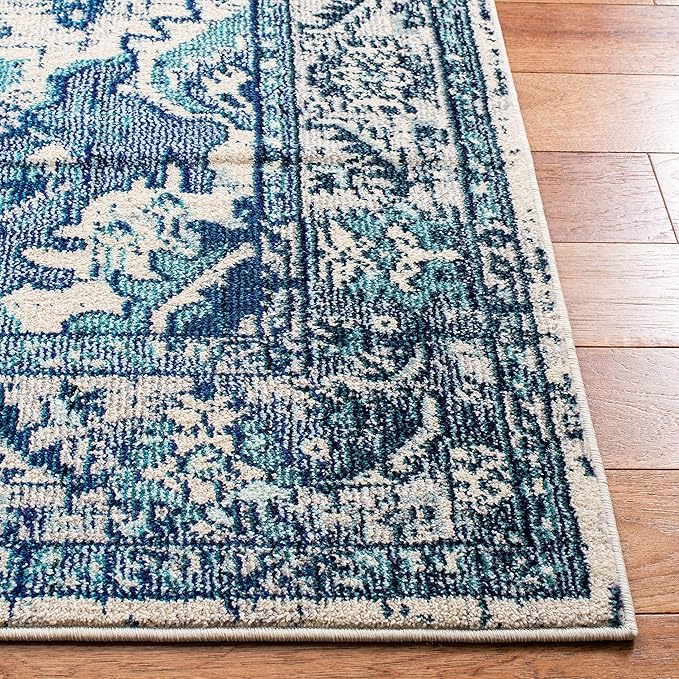 SAFAVIEH Monaco Collection Area Rug - 8' x 10', Ivory & Blue, Boho Chic Medallion Distressed Design, Non-Shedding & Easy Care, Ideal for High Traffic Areas in Living Room, Bedroom (MNC243A)
