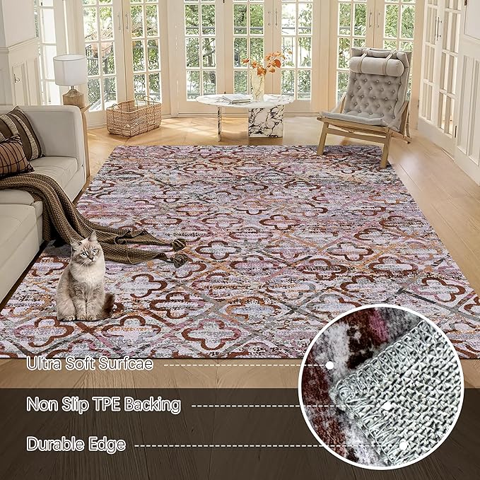 RUGSURE Washable Area Rugs, 8' x 10' - 1/6 Thick - Stain & Water Resistant Non-Slip - Perfect Resistant Rug for Living Room, Bedroom, Nursery, Pet & Child Friendly, Vibrant Colors Rugs, Purple