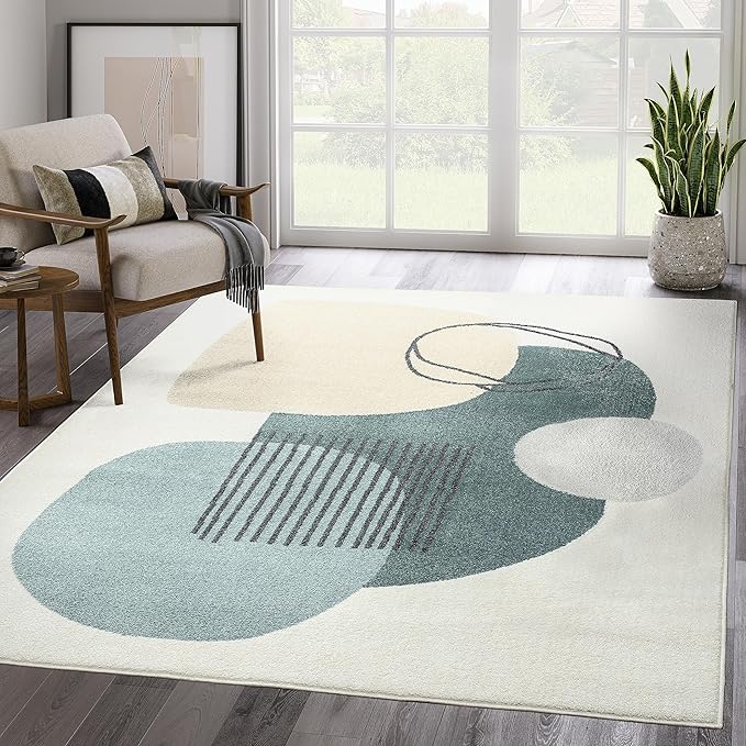 Abani Deco Collection Area Rug -Cream/Green Minimalist Design -6' x 9' - Easy to Clean - Durable for Kids and Pets - Non-Shedding - Medium Pile - Soft Feel - for Living Room, Bedroom & Office