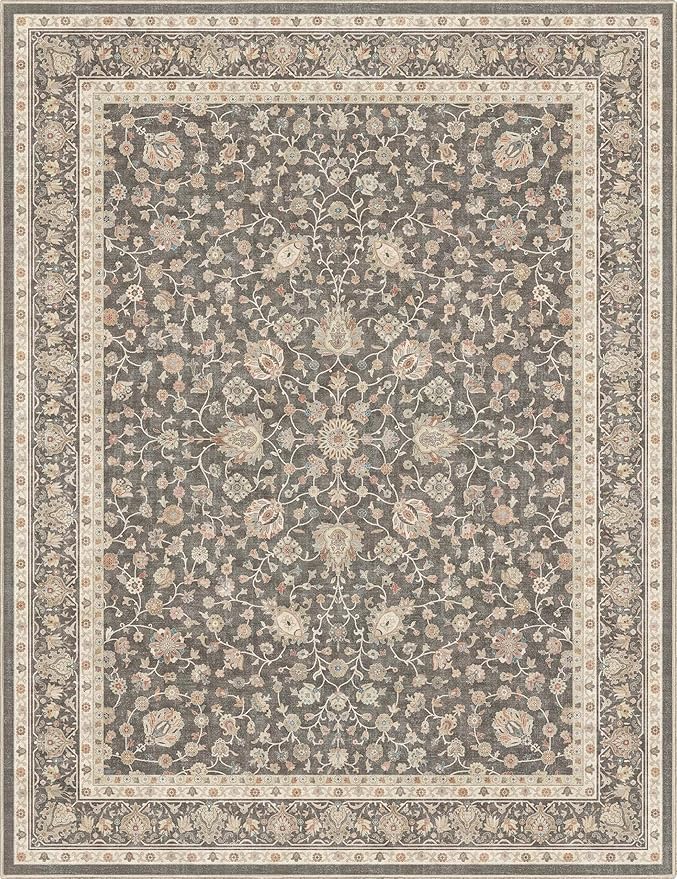 Well Woven Asha Rome Charcoal Brown 9'10" x 13' Area Rug - Oriental Floral Pattern, Easy Clean, Floor-Friendly Backing - for Living Room, Bedroom, and Dining Room