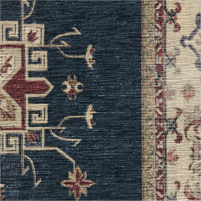 RUGGABLE Washable Vintage Area Rug – Verena Sapphire 8x10, Stain-Resistant, Non-Slip – Large Machine Washable Rugs for Living Room, Bedroom, Hallway, Entryway & Office–with Cushioned Pad