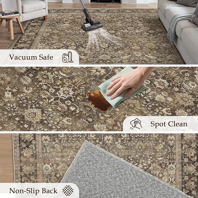 HUGEAR 8x10 Machine Washable Rugs Brown Hallway Large Area Rug Indoor Accent Rug Floral Mid Pile Carpet Soft Soft Thicker Aesthetic Rug Bedroom Living Room Office Dining Kitchen Laundry