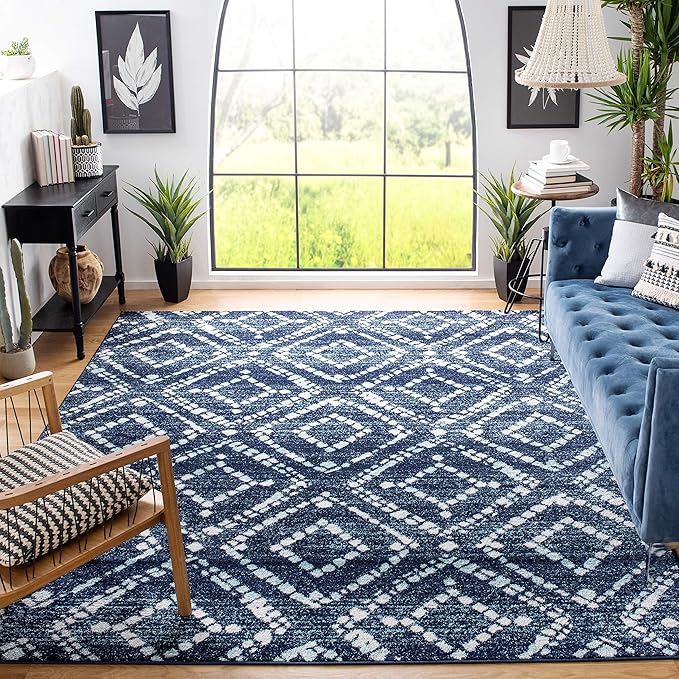 SAFAVIEH Adirondack Collection Area Rug - 10' x 14', Navy & Ivory, Modern Diamond Distressed Design, Non-Shedding & Easy Care, Ideal for High Traffic Areas in Living Room, Bedroom (ADR131N)