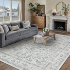 Blue 8x10 Area Rug Vintage Washable Living Room Carpet Non Slip Bedroom Indoor Office Low Pile Large Traditional Distressed Retro Accent Rug for Dining Room Bathroom Kitchen