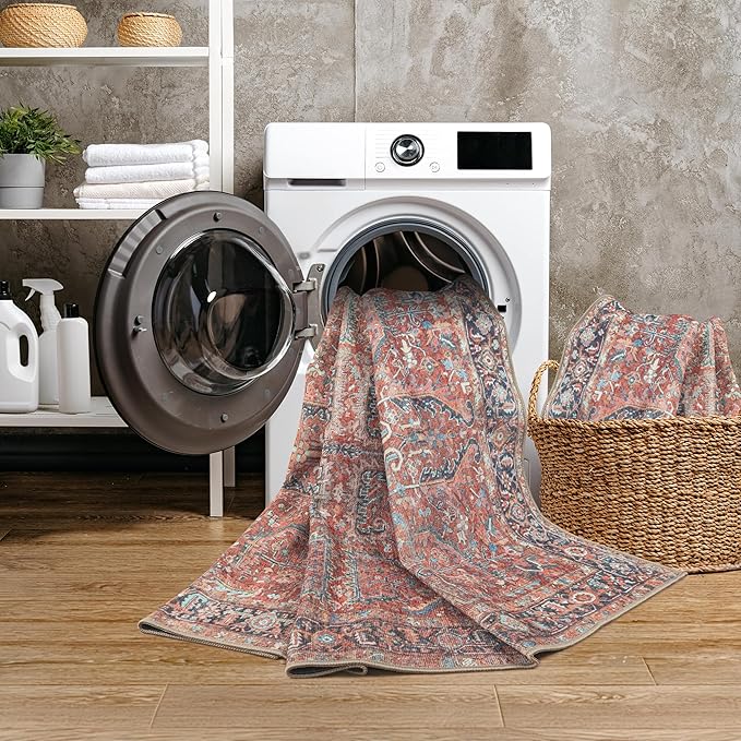 GLN Rugs Traditional Collection - Machine Washable Area Rug, Traditional Washable, Non Slip, Low Pile Chenille Rug, Living Room, Bedroom, Kitchen Rug (2'6" x 7' Terra/Multicolor 1168)