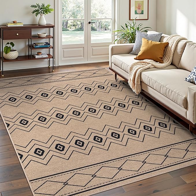 Tangsoo Modern Boho Easy Jute Rug 4x6,Non-Slip Ultra Thin Washable Rug for Patio Farmhouse Non Shedding Indoor Door Mat for Porch Patio Bedroom Living Room