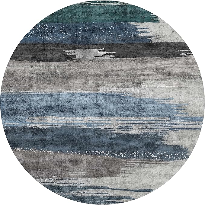 Ciicool 6ft Round Washable Rug, Modern Abstract Circle Rugs, Non-Slip Thin Low-Pile Rug Navy Grey Circular Print Distressed Carpet for Bedroom Living Room Under Dining Table Home Office Decor