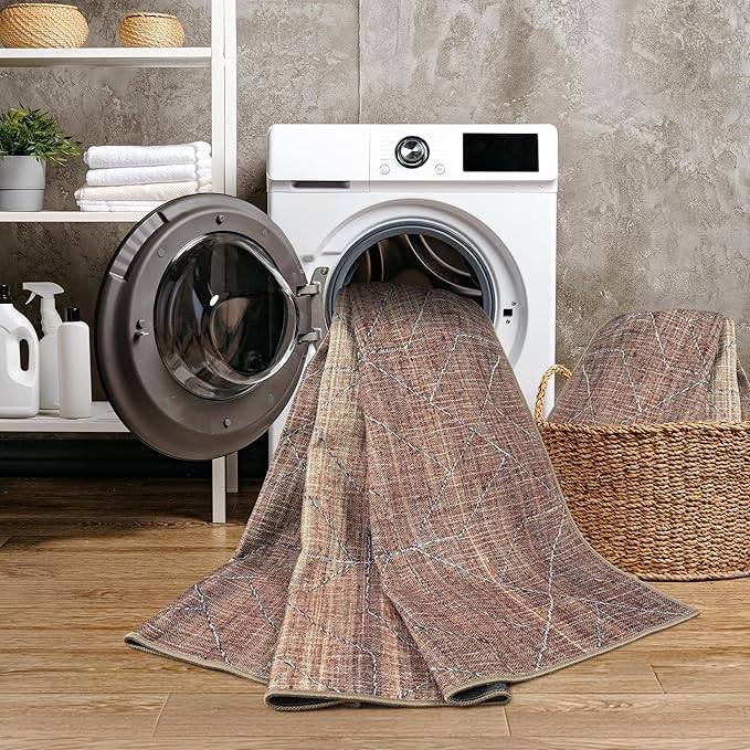 GLN Rugs Contemporary Collection - Machine Washable Area Rug, Contemporary Washable, Non Slip, Low Pile Chenille Rug, Living Room, Bedroom, Kitchen Rug (6' x 9' Terra/Brown)