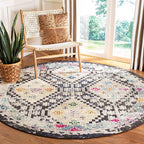 SAFAVIEH Madison Collection Area Rug - 6'7" Round, Black & Yellow, Boho Diamond Distressed Design, Non-Shedding & Easy Care, Ideal for High Traffic Areas in Living Room, Bedroom (MAD418Z)