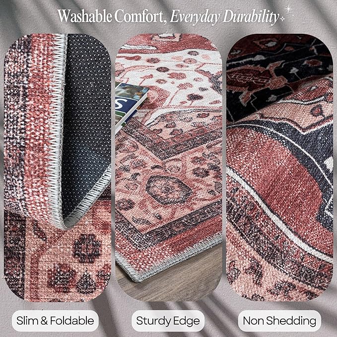 Turkish Rug. Washable Vintage Oriental Antique Inspired Traditional Doormat Small Modern Area Rugs Luxury Entryway Entry Bedroom Bathroom Kitchen (404RR, 2'5 x 9'8)
