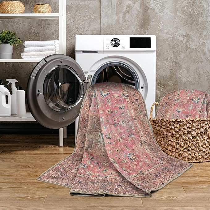 GLN Rugs Traditional Collection - Machine Washable Area Rug, Traditional Washable, Non Slip, Low Pile Chenille Rug, Living Room, Bedroom, Kitchen Rug (4' x 6' Pink/Cream)