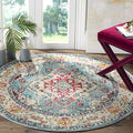 SAFAVIEH Monaco Collection Area Rug - 3' Round, Light Blue & Fuchsia, Boho Chic Medallion Distressed Design, Non-Shedding & Easy Care, Ideal for High Traffic Areas in Living Room, Bedroom (MNC243J)