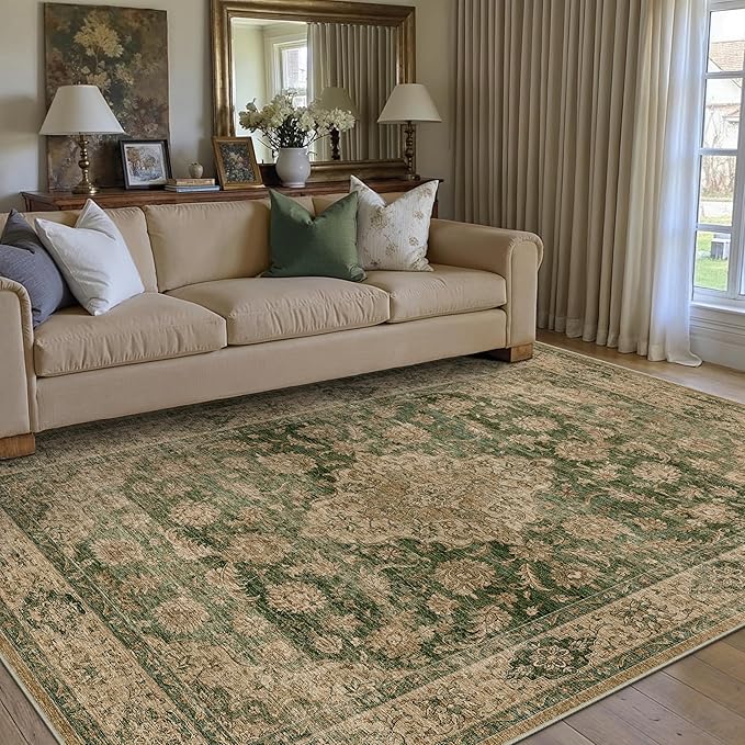HUGEAR Retro Green Area Rug 5x7 Machine Washable Living Room Rugs Distressed Vintage Floral Low Pile Carpet Bedroom Office Dining Room Laundry Room Non Slip Soft Lightweight