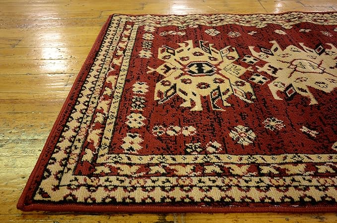 Unique Loom Taftan Collection Border Geometric Tribal Inspired Design Area Rug (2' 11 x 16' 5 Runner, Red/ Gold)