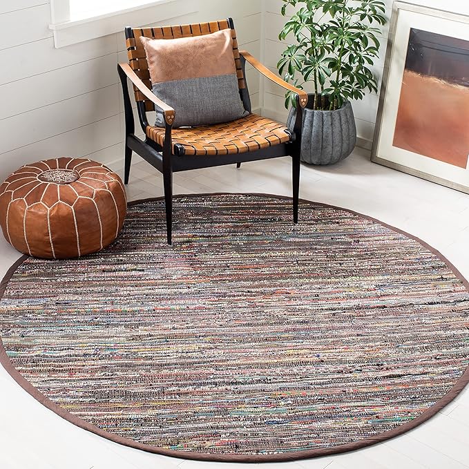 SAFAVIEH Rag Rug Collection Area Rug - 6' Round, Rust & Multi, Handmade Boho Stripe Cotton, Ideal for High Traffic Areas in Living Room, Bedroom (RAR121E)