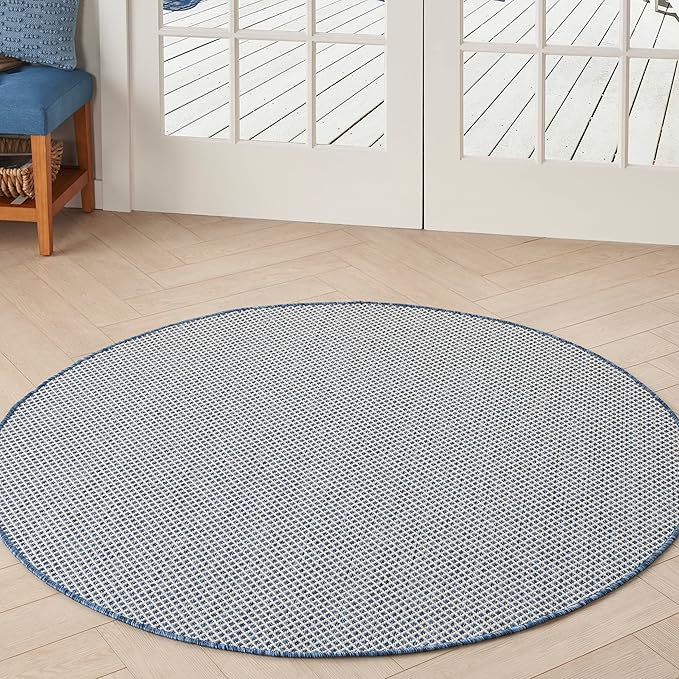 Nourison Home Courtyard Ivory Blue 5' x Round Area Rug - Easy Clean, Non Shedding, Bed Room, Living Room, Dining Room, Kitchen (5' x Round)