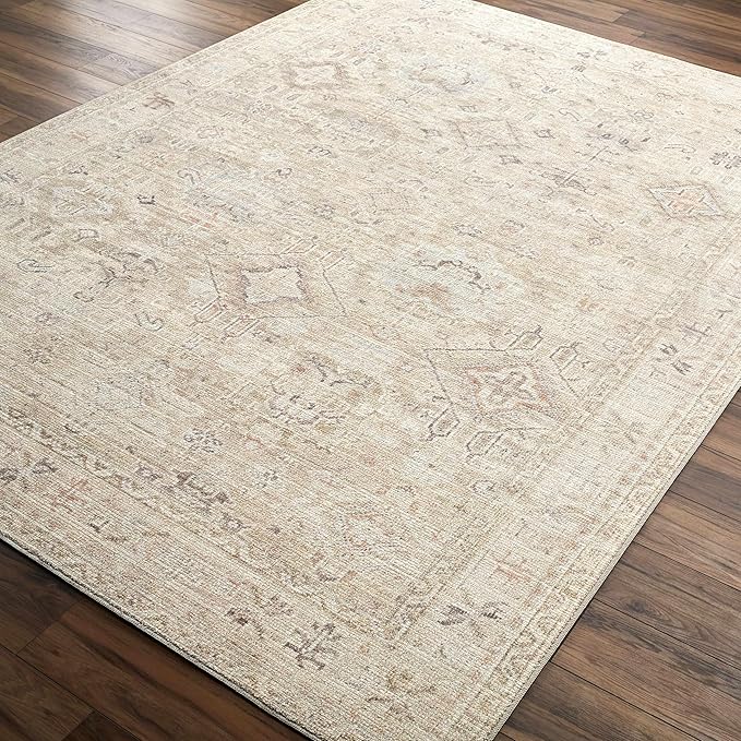 Hauteloom Nakia Bohemian Vintage Medallion Area Rug - Damask Floral Fade Look Carpet for Living Room, Farmhouse - Ivory, Cream, Medium Brown - 5'3" x 7' (5x7 Area Rug)