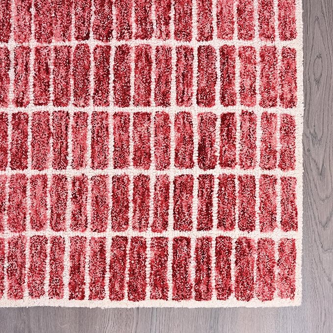 Hand-Tufted 100% Wool Area Rug – Unique Modern Geometric Grid Pattern, Soft Plush Textured Carpet for Living Room, Bedroom, Dining Room & Entryway (Brick Red, 9' x 9' sq)
