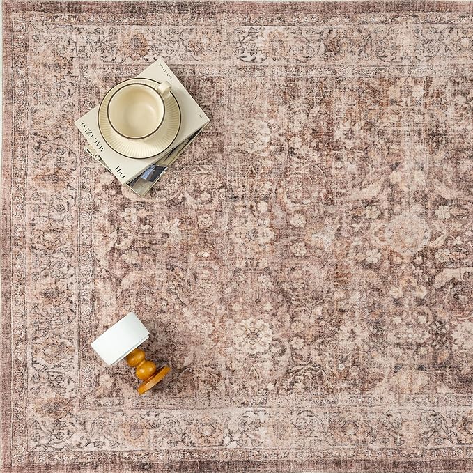8x10 Rust Brown Washable Area Rug for Living Room Bedroom Neutral Soft Non Slip Rug Low Pile Vintage Distressed Carpet for Dining Room Nursery Office