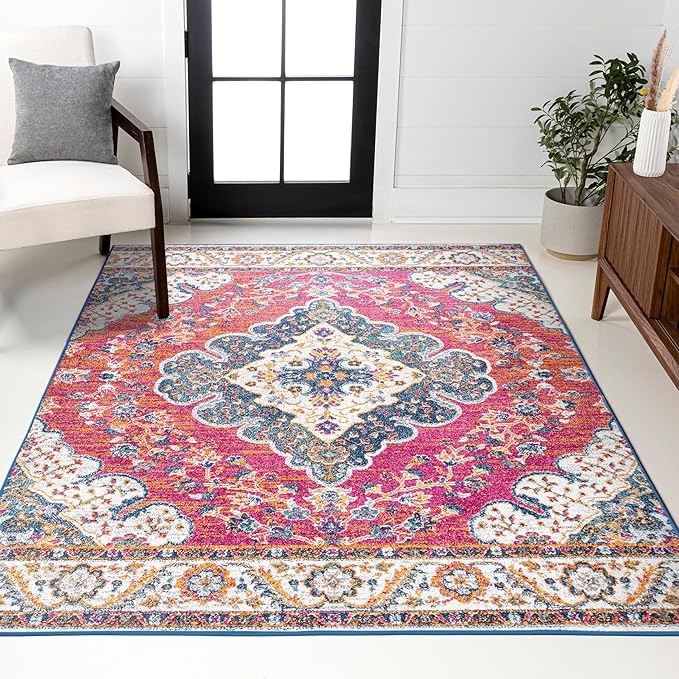 JONATHAN Y Boho Vintage Fuchsia/White Indoor Area Rug, 5x8, Bohemian Flair Medallion, Floral Easy-Cleaning High Traffic for Living Room, Bedroom, Kitchen, Pet-Friendly, Non-Shedding (BMF106C-5)