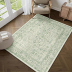 Sage Green Area Rug 4x6 Washable Office Entryway Carpet Vintage Distressed Non Slip Kitchen Indoor Entry Neutral Low Pile Retro Floral Farmhouse Throw Mat for Laundry Dining Room Bedroom