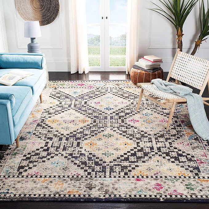 SAFAVIEH Madison Collection X-Large Area Rug - 12' x 15', Black & Yellow, Boho Diamond Distressed Design, Non-Shedding & Easy Care, Ideal for High Traffic Areas in Living Room, Bedroom (MAD418Z)