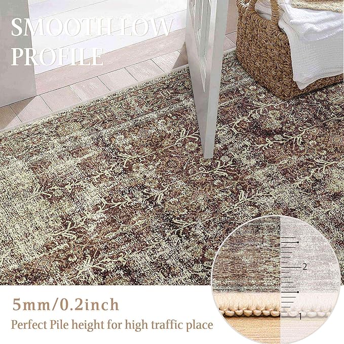 Vintage Area Rug 8x10 Rust Red Washable Living Room Large Carpet Non Slip Bedroom Indoor Office Low Pile Traditional Distressed Retro Accent Rug for Dining Room