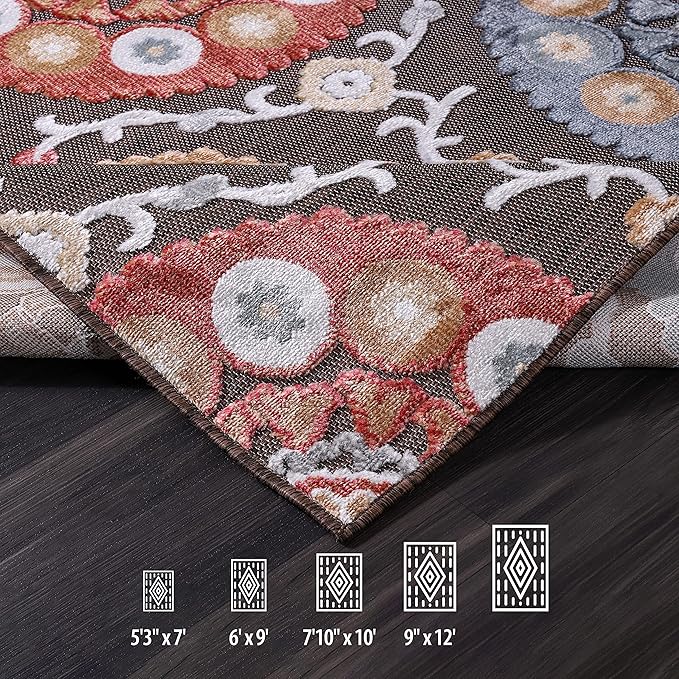 CAMILSON Indoor Outdoor Rug 10x14 Bohemian Medallion Floral Area Rugs for Indoor and Outdoor Patios Easy-Cleaning Non-Shedding Living Room Garden and Kitchen Washable Outside Carpet (10 x 14 / Brown)