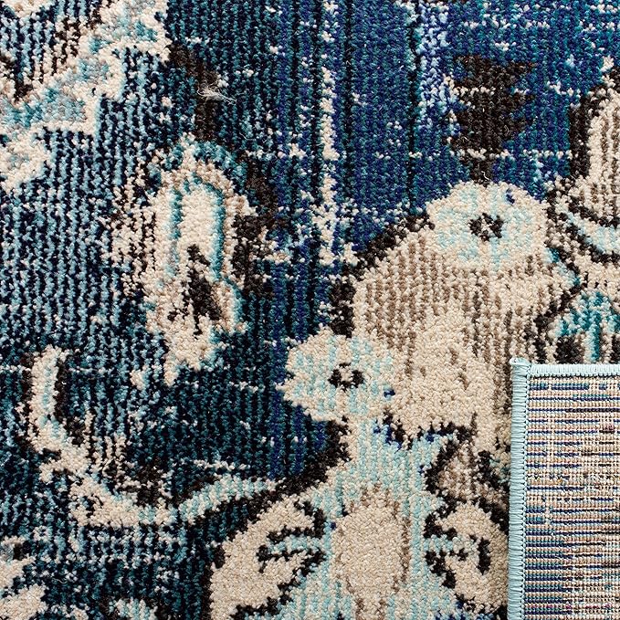 SAFAVIEH Monaco Collection Area Rug - 3' Square, Navy & Light Blue, Boho Chic Medallion Distressed Design, Non-Shedding & Easy Care, Ideal for High Traffic Areas in Living Room, Bedroom (MNC243N)