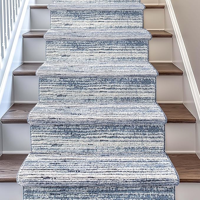 Well Woven Custom Size Hallway & Stair Runner- Harlow Delphi Blue 31 Inches Wide x 45 Feet Long Runner (31" x 45') Runner Rug - Modern Stripes Pattern, Ultra-Soft, Easy-Clean
