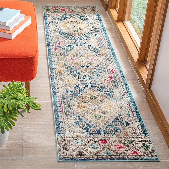 SAFAVIEH Madison Collection Runner Rug - 2'2" x 6', Dark Blue & Yellow, Boho Diamond Distressed Design, Non-Shedding & Easy Care, Ideal for High Traffic Areas in Living Room, Bedroom (MAD418N)