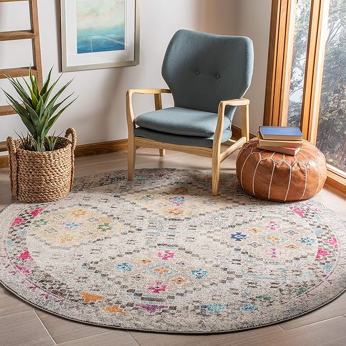 SAFAVIEH Madison Collection Area Rug - 9' Round, Grey & Yellow, Boho Diamond Distressed Design, Non-Shedding & Easy Care, Ideal for High Traffic Areas in Living Room, Bedroom (MAD418F)