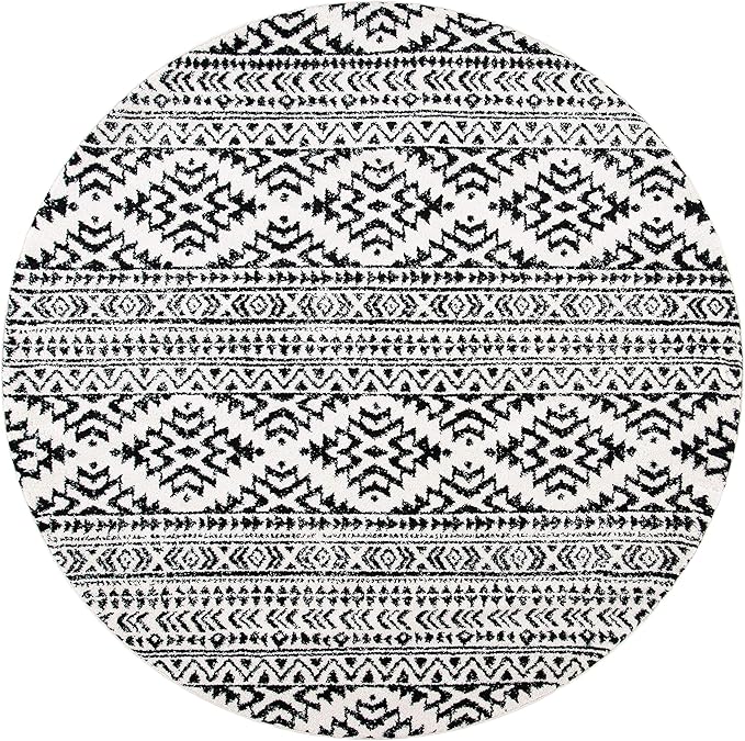 SAFAVIEH Tulum Collection Area Rug - 4' Round, Ivory & Black, Moroccan Boho Tribal Design, Non-Shedding & Easy to Clean, Ideal for Living Room, Bedroom, Dining Space (TUL272B)