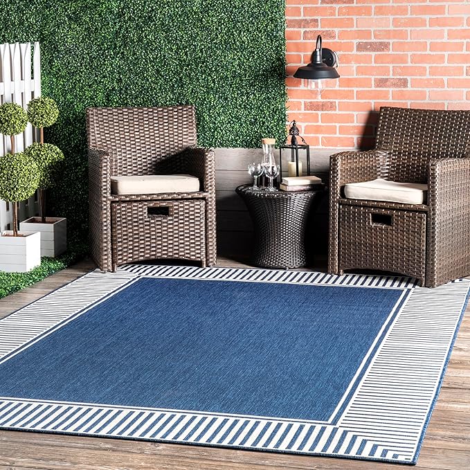 Nuloom Asha Navy/Ivory, 9'6" x 12', Casual, Striped Border, Soft and Cozy, High Traffic, Stain Resistant, Easy Clean, Durable Area Rug for Indoor/Outdoor Patio, Deck, Porch, Garden, Courtyard