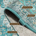 Washable Area Rug 6' x 9' Vintage Traditional Persian Mat - Foldable Distressed Non-Slip Machine Washable Carpet for Living Room Bedroom Kitchen Home Decor - Teal and Gold