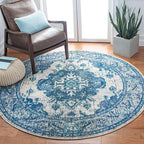 SAFAVIEH Monaco Collection 6'7" Round IvoryBlue MNC243A Boho Chic Medallion Distressed Non-Shedding Living Room Dining Bedroom Foyer Area Rug