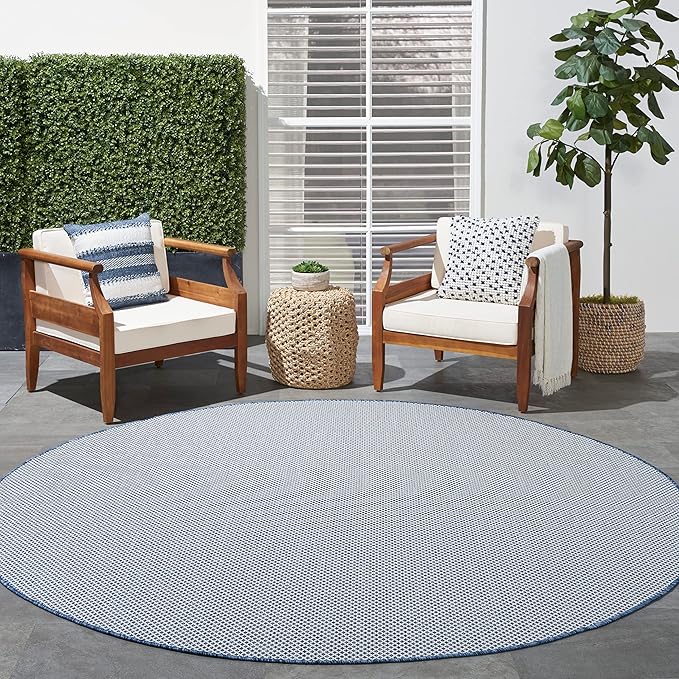 Nourison Home Courtyard Ivory Blue 6' x Round Area Rug - Easy Clean, Non Shedding, Bed Room, Living Room, Dining Room, Kitchen (6' x Round)