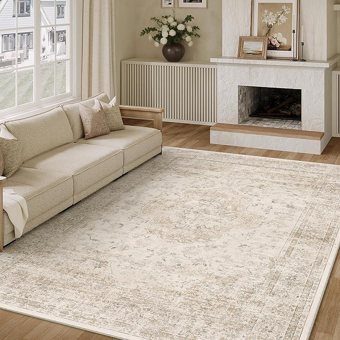 9x12 Washable Area Rug Beige Vintage Distressed Large Rug for Living Room Oriental Soft Thin Indoor Retro Carpet Non Slip Low Pile Floor Cover for Bedroom Dining Room Office Nursery