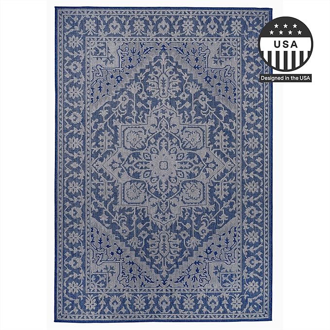 FH Home Flat Woven Outdoor Rug - Waterproof, Easy to Clean, Stain Resistant - Premium Polypropylene Yarn - Vintage - Large Patio, Deck, Sunroom - Amol - Blue - 7ft 10 in x 10ft 9in