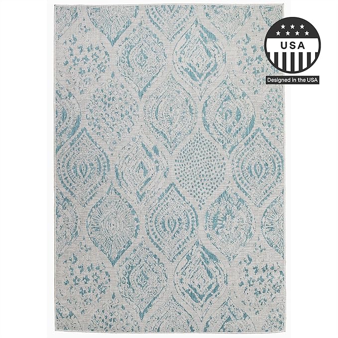 FH Home Flat Woven Outdoor Rug - Waterproof, Easy to Clean, Stain Resistant - Premium Polypropylene Yarn - Distressed Farmhouse - Large Patio, Deck, Sunroom - Granada - Aqua - 7ft 10in x 10ft 9in