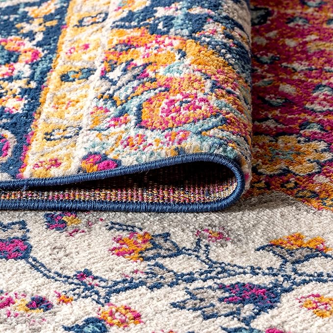 JONATHAN Y Boho Vintage Blue/Multi 5x5 Square Area Rug, Bohemian Flair Medallion, Floral Easy-Cleaning High Traffic for Living Room, Bedroom, Kitchen, Pet-Friendly, Non Shedding (BMF106A-5SQ)