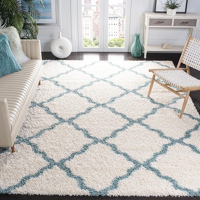 SAFAVIEH Dallas Shag Collection X-Large Area Rug - 11' x 15', Ivory & Light Blue, Trellis, Non-Shedding & Easy Care, 1.5-inch Thick Ideal for High Traffic Areas in Living Room, Bedroom (SGD257J)