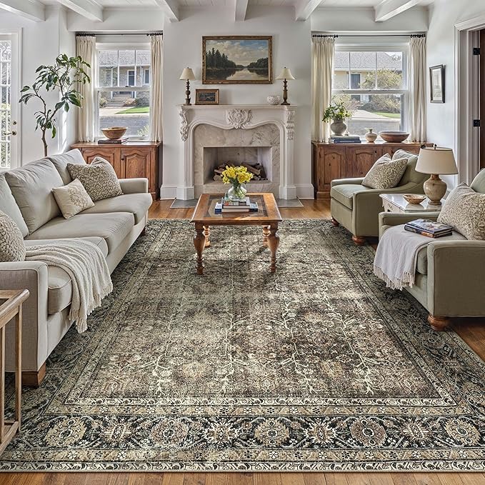 Vintage Area Rug 10x14 Brown Washable Living Room Large Carpet Non Slip Bedroom Indoor Office Low Pile Traditional Distressed Retro Accent Rug for Dining Room