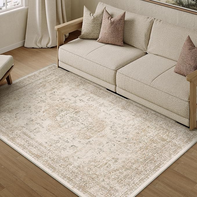Entryway Area Rug 3x5 Washable Beige Vintage Distressed Carpet Oriental Soft Thin Indoor Rug for Office Non Slip Low Pile Throw Rug for Kitchen Bathroom Bedroom Dining Living Room