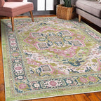 Ambesonne Ethnic Decorative Rug, Bohemian Retro Themed Floral Detail Cultural Abstract Shapes Flourish, Quality Carpet for Bedroom Dorm and Living Room, 4' X 5' 5", Pistachio Green Pink Teal