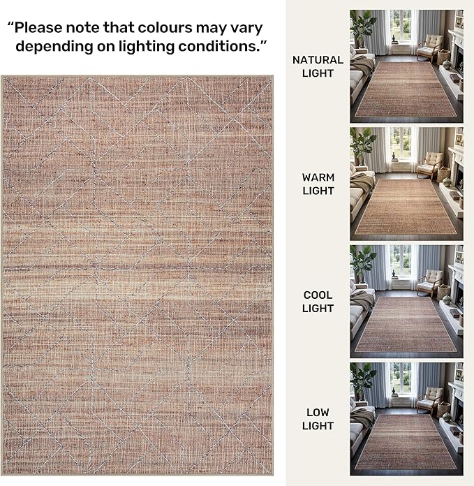 GLN Rugs Contemporary Collection - Machine Washable Area Rug, Contemporary Washable, Non Slip, Low Pile Chenille Rug, Living Room, Bedroom, Kitchen Rug (6' x 9' Terra/Brown)