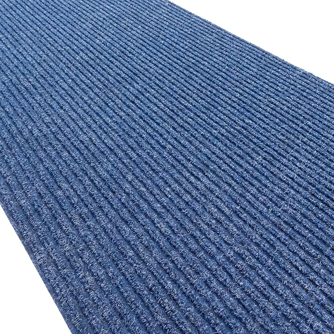 English Home Custom Size Non Slip Striped Design Durable PVC Non Slip Backing Tough Pile Runner Rug for Hallway, Outdoor, Indoor, Commercial, Residential, Pool, Office (Dark Blue, 26" x 11')