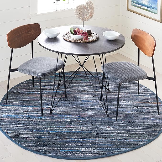 SAFAVIEH Rag Rug Collection 4' Round Ink / Multi RAR121C Handmade Boho Stripe Cotton Area Rug